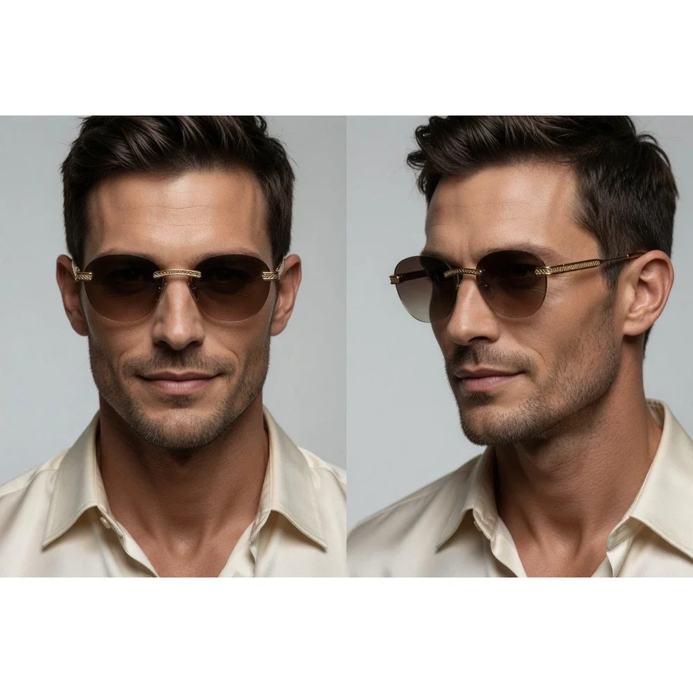 Men Gold Rimless Round Sunglasses Brown Lens Vintage‎ Metal Frame UV400 Hip Hop